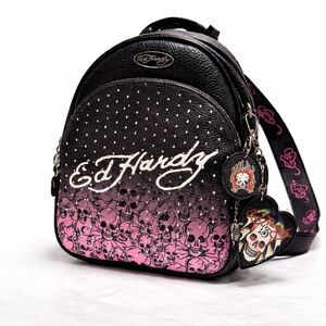 Ed Hardy Skull Rhinestone Mini Backpack Black Pink Tattoo Bag NWT Charms